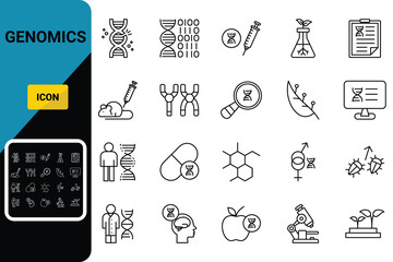 Genomics icon set. DNA, engineering, genetic, gene analysis, report, lab, technology, Chromosome, mutation, and so on Linear icon collection. Editable stroke. Vector illustration