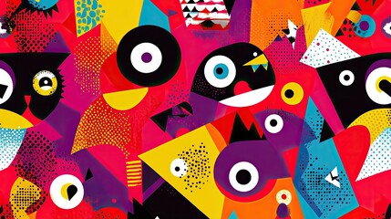 Naklejka premium Abstract Colorful Monster Faces Geometric Design Pattern Bright Vivid Illustrative Artwork
