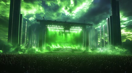 Naklejka premium Crowd at Concert Glowing with Green Stage Lights and Dark Sky