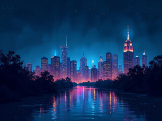 Neon Cityscape at Dusk Futuristic Urban Skyline with Reflective Water and Starry Night