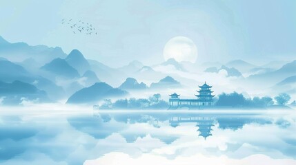 A serene landscape featuring a traditional pavilion by a calm lake with mountains in the background and birds flying overhead