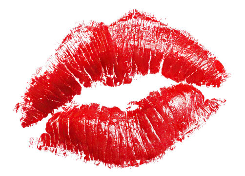 Red lipstick kiss imprint on white background, isolated on transparent cutout background