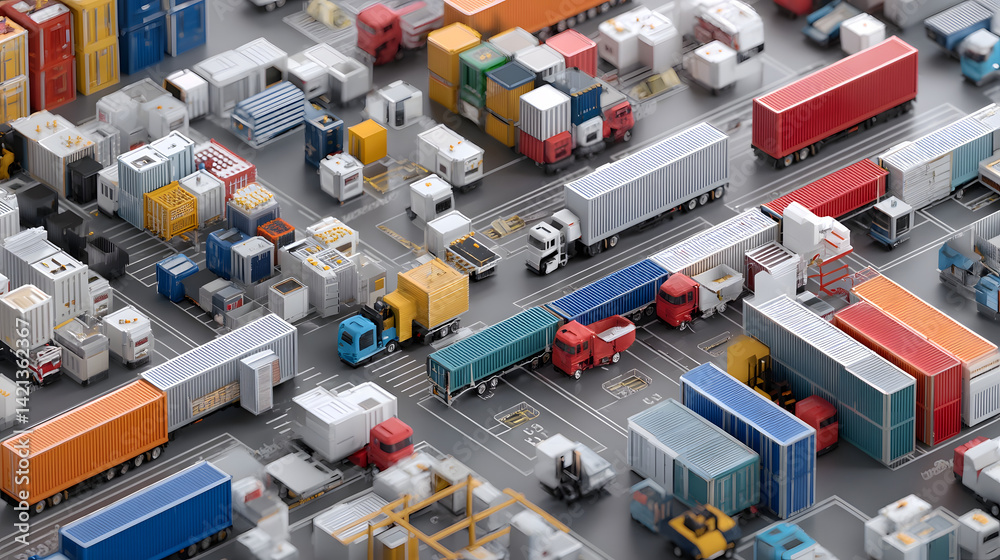 Poster Aerial view of a busy freight transportation hub with multiple container trucks actively loading and unloading cargo showcasing the efficient logistics and flow of goods in the commercial industry