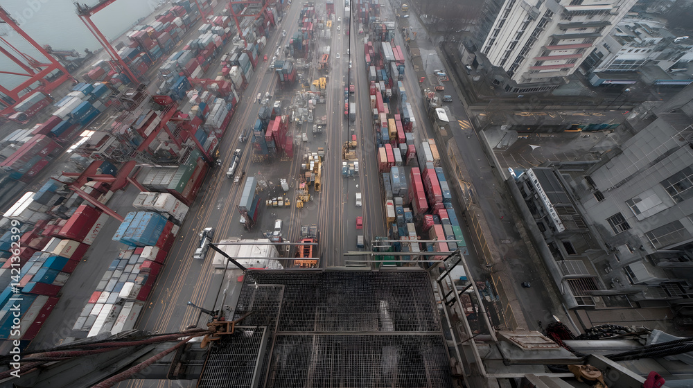 Poster Aerial view of a crane operator working in the cabin high above a densely packed container terminal showcasing the scale and efficiency of modern industrial logistics and transportation hubs