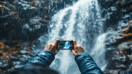 Fototapeta premium A traveler taking a photo of a majestic waterfall in Iceland, powerful water flow, dramatic landscape, natural beauty, 