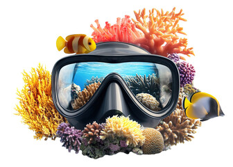 Snorkeling goggles surrounded by coral and sea life, isolated on transparent cutout background