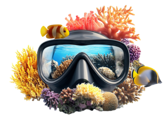 Snorkeling goggles surrounded by coral and sea life, isolated on transparent cutout background