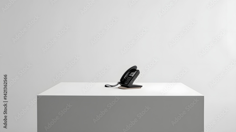 Aufkleber a black cordless phone handset resting on a plain white surface in a minimalist studio setup