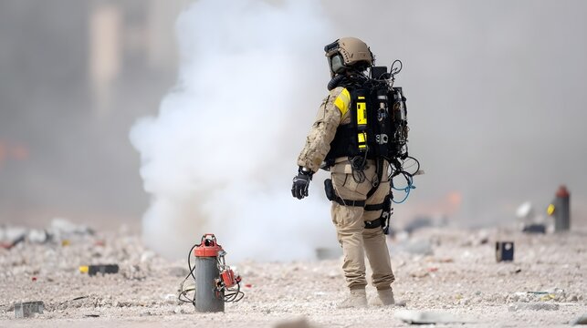A bomb squad specialist in a protective suit and respirator using a robotic arm to cautiously approach and examine an improvised explosive device in a high risk environment