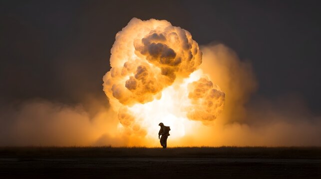 A bomb technician clad in protective gear stands in silhouette against the bright glow and billowing smoke of a detonating explosive in a remote desert landscape