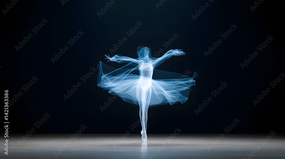 Poster a captivating image of a silhouetted dancer in a glass like costume suspended in mid spin with arms 