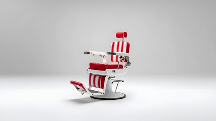 A classic red and white striped barber chair against a clean minimalist white background evoking a nostalgic retro inspired barbershop aesthetic