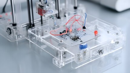 A close up view of a transparent 3D printer chassis revealing its intricate printed circuit board housing and electronic components
