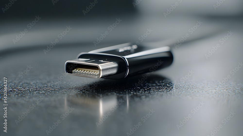 Poster A detailed close up shot of a lightning cable connector tip highlighting the sleek high gloss metallic material under soft diffused lighting conditions