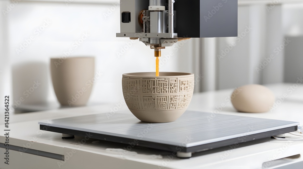 Aufkleber A direct metal laser sintering printer producing a metallic mechanical component against a clean minimalist white background