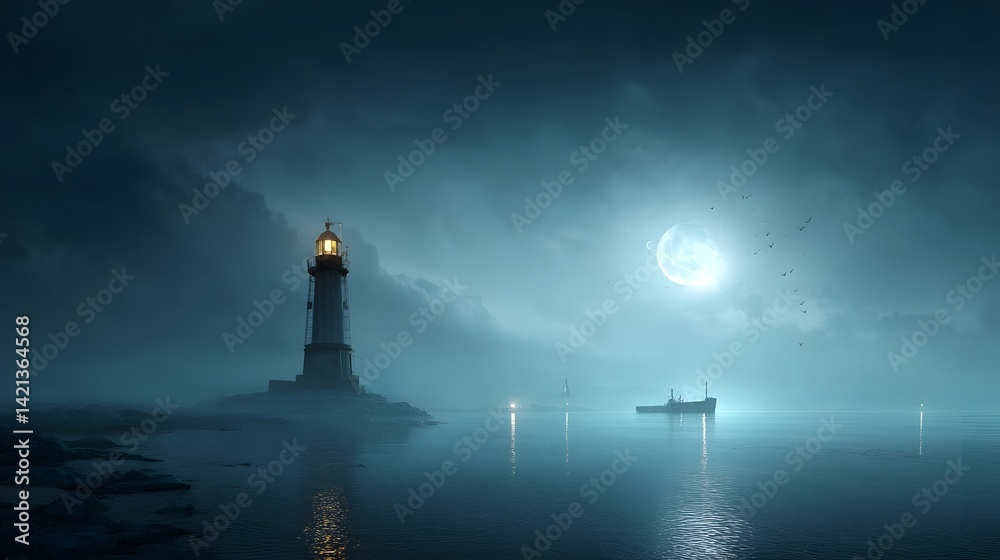 Aufkleber a dramatic atmospheric scene with a bright moon casting its glow over a cargo ship as it navigates t