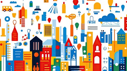 Obraz premium Vibrant Cityscape Illustration: A Colorful Abstract Urban Landscape Featuring Buildings, Transportation, and Symbolic Elements