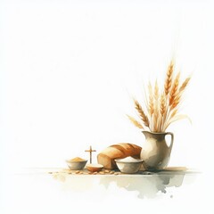 Watercolor illustration of eucharist symbols bread wheat cross faith and communion art