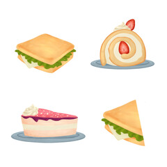 set of different kinds of food. Drawing sandwich, swiss roll, and tart cake on plate drawing isolated