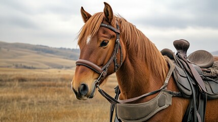 SADDLED HORSE IN A FIELD