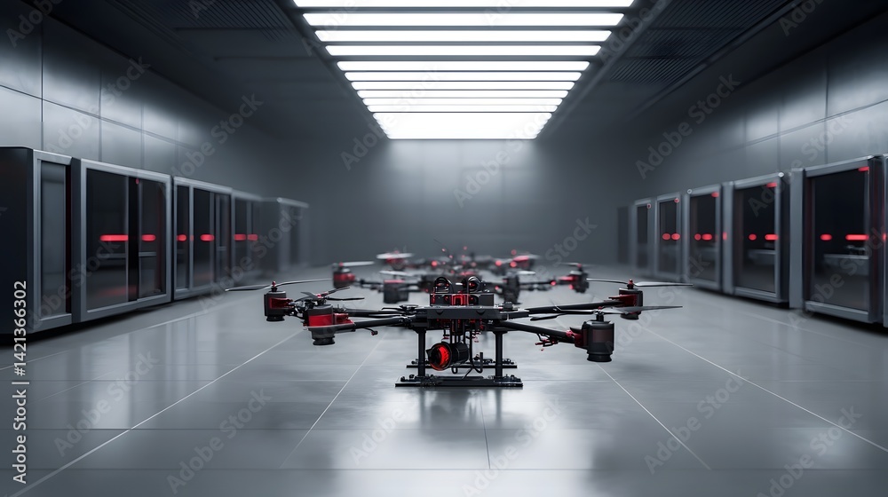 Poster A high tech industrial workspace with a 3D printer producing custom drone components under sharp professional lighting designed for an advertisement layout