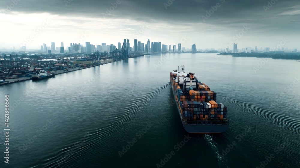 Poster a large cargo ship carrying stacked containers departs from a bustling port with the towering skyscr