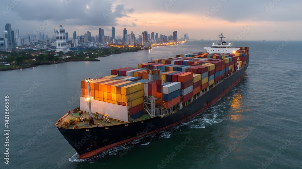 Poster a large cargo ship laden with colorful shipping containers sails past the illuminated skyline of a c