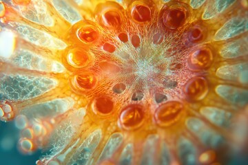 Microscopic view of vibrant orange and teal structures, possibly a plant or organism, revealing intricate cellular details.
