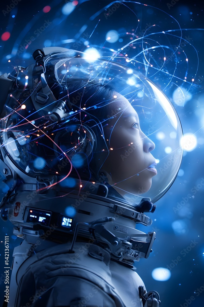 Poster a lone astronaut navigates the vast expanse of space surrounded by the ethereal glow of distant star