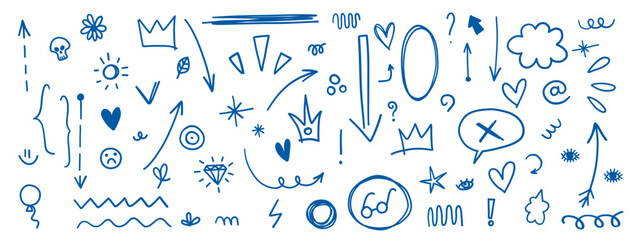 Hand drawn star, arrow, crown comic simple set. Speech bubbles underline decoration elements, sparkling exclamations.
