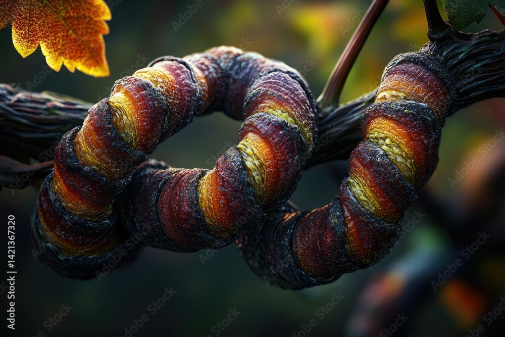 Poster intricate spiral of a grapevine, showcasing autumnal colors and textures. a close-up, detailed view.