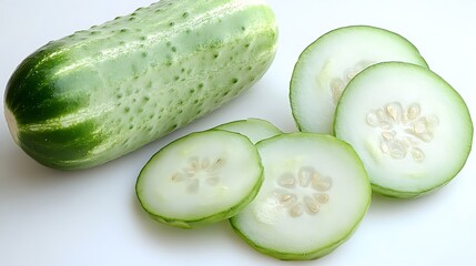 A whole cucumber and several slices on a white surface close up