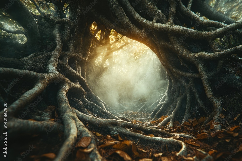 Poster enormous tree roots create a mystical archway, sunlight filtering through the misty forest.