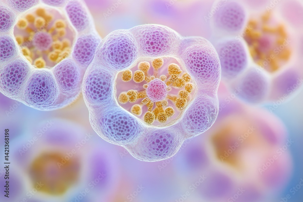 Leinwandbilder Microscopic view of intricate cellular structures, revealing complex biological processes and vibrant colors.