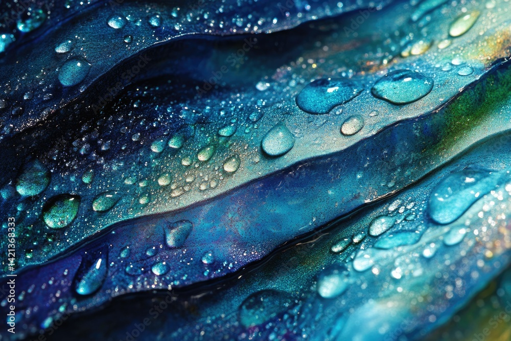 Poster Close-up of water droplets on a textured, iridescent blue surface, creating a mesmerizing abstract pattern.