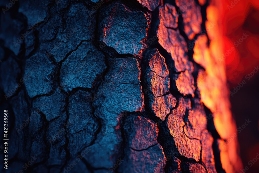 Fototapete close-up of textured tree bark illuminated by warm, contrasting light. deep shadows and vibrant colo