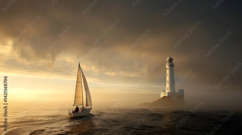 Aufkleber a lone sailboat navigates the tranquil waters near a majestic lighthouse its warm glow illuminating 