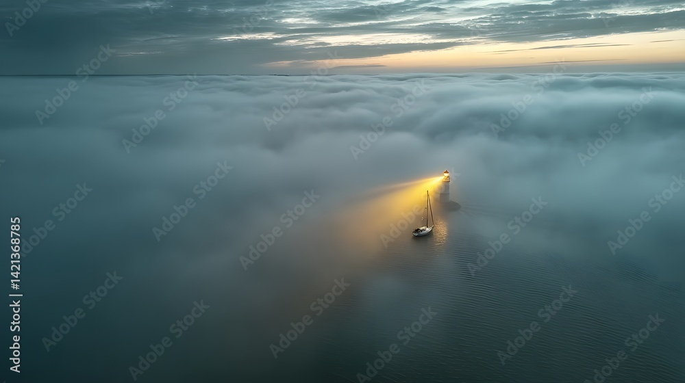 Poster a lone sailboat navigates through the ethereal mist approaching a distant lighthouse beacon in the t