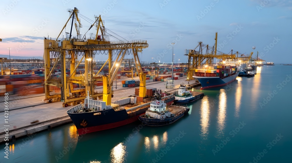 Poster A long exposure image capturing the dynamic activity of a busy port at twilight with ships and cranes in motion reflecting in the calm waters