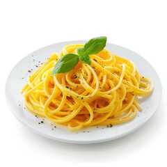 Plate of cooked spaghetti tossed in a creamy sauce.