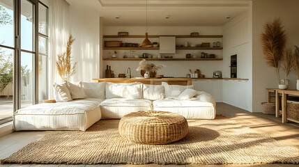 Serene open-plan living space bathed in soft light with minimalist aesthetic design