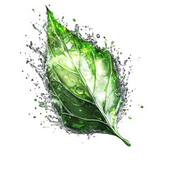 A digital illustration of a vibrant green leaf encompassed by a dynamic water splash, showcasing vivid colors and a sense of natural energy.