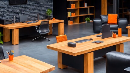 Modern office interior with wooden desks, stylish chairs, and plants, showcasing a collaborative workspace