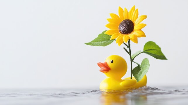 A sunflower sprouts from a bouncing rubber duck, looking confused but happy, symbolizing playful potential, on white background. --ar 16:9 --v 6.1 Job ID: 368d47e5-9a4a-43f1-b2cc-affedbd38540