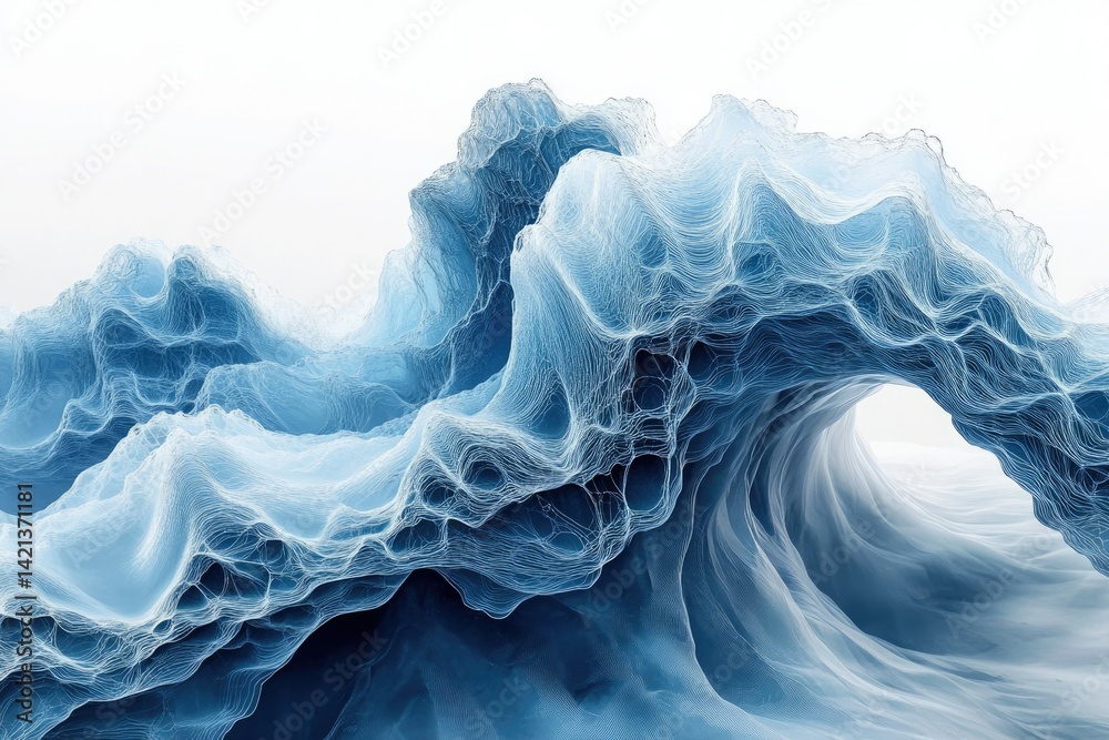 Poster abstract digital art depicting a mesmerizing blue wave, intricate lines forming a flowing, ethereal 