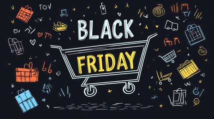 Naklejka premium Black friday text within a shopping cart surrounded by doodles