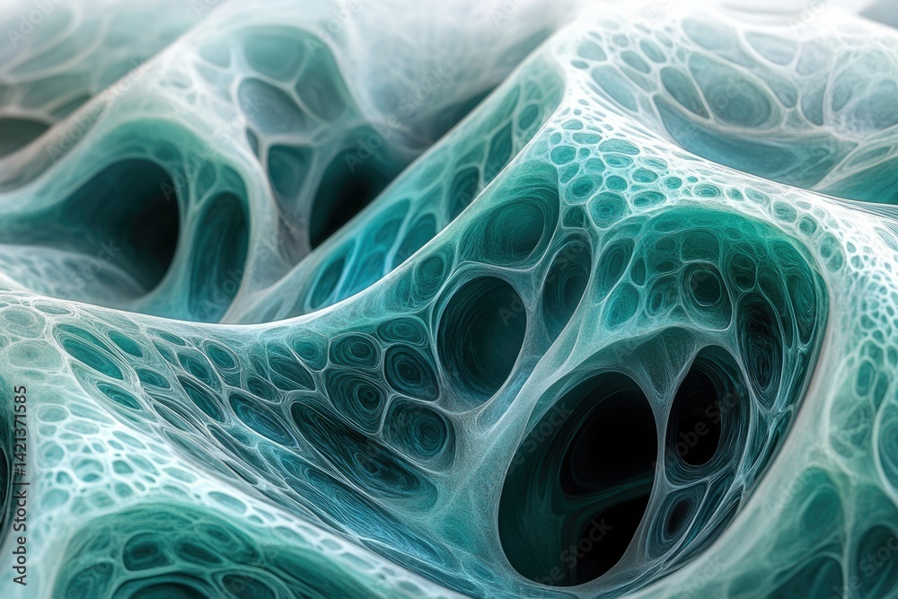 Poster abstract teal fractal art depicting a complex, interconnected network of organic, cavernous forms.