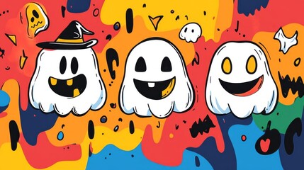 Obraz premium Three smiling ghosts decorate a colorful abstract halloween background