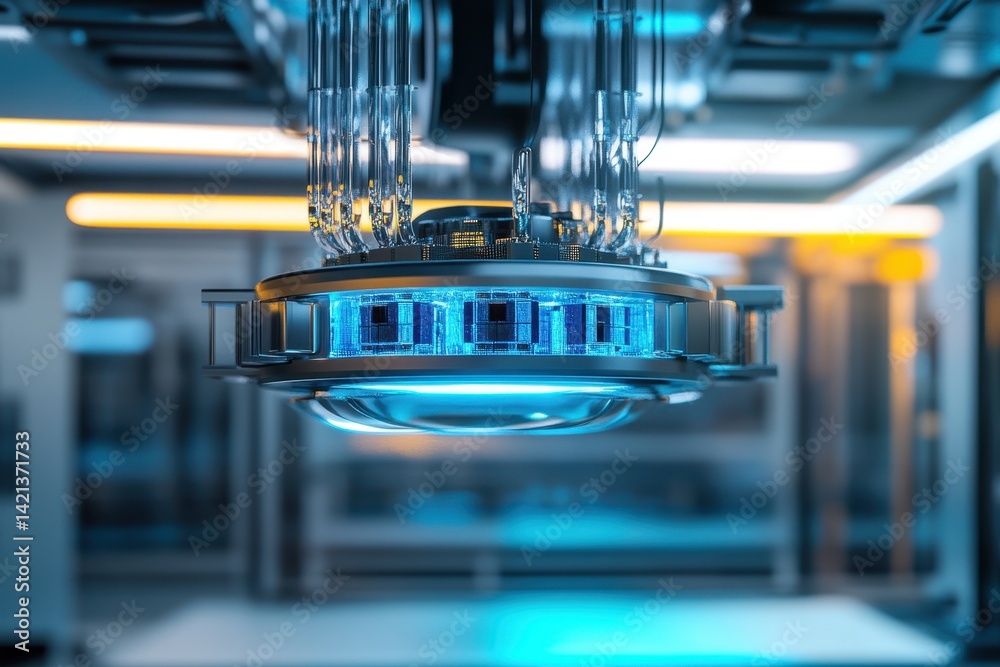 Poster advanced quantum computing device suspended in a high-tech research laboratory setting