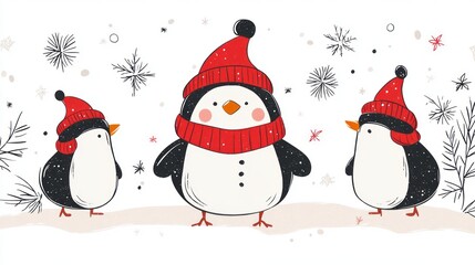 Three adorable cartoon penguins wearing winter hats and scarves